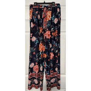 Studio JPR Wide Leg Navy Floral Pull‎ On Pants Sz S Elastic Tie Waist Pockets